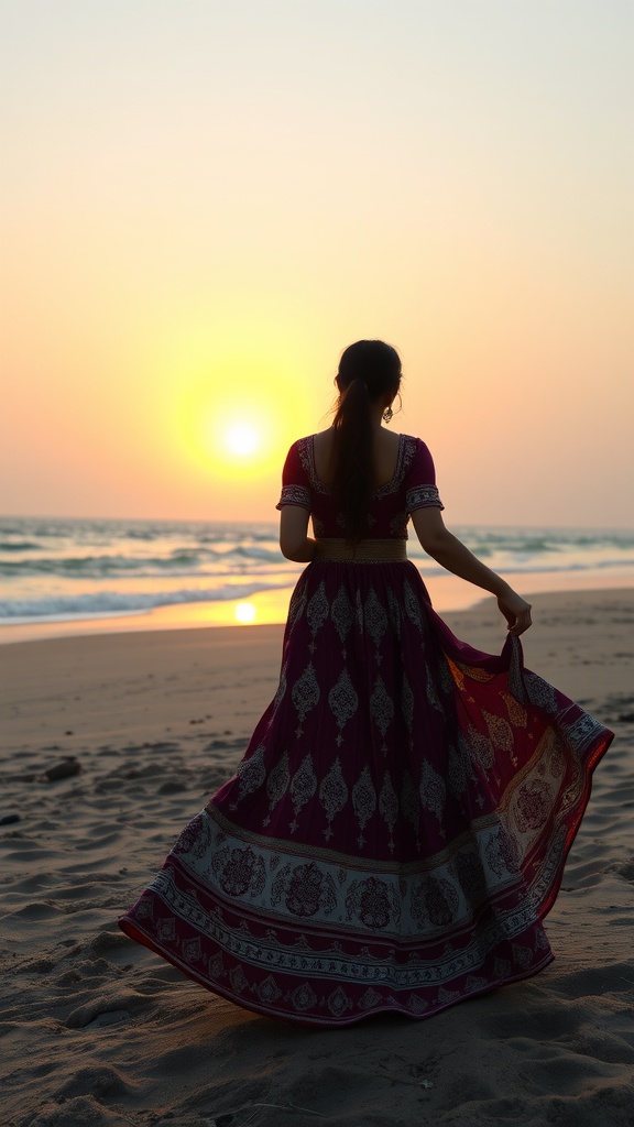 A woman in a flowing maxi dress with traditional motifs, standing on the beach during sunset.