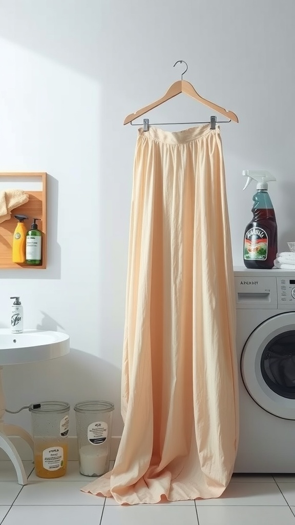 A peach maxi skirt hanging on a wooden hanger in a laundry room, with cleaning supplies in the background.