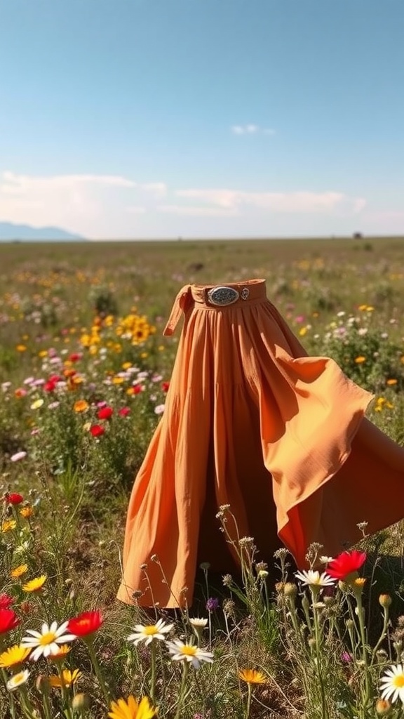 A flowing orange maxi skirt with a Western-inspired belt in a field of colorful flowers.