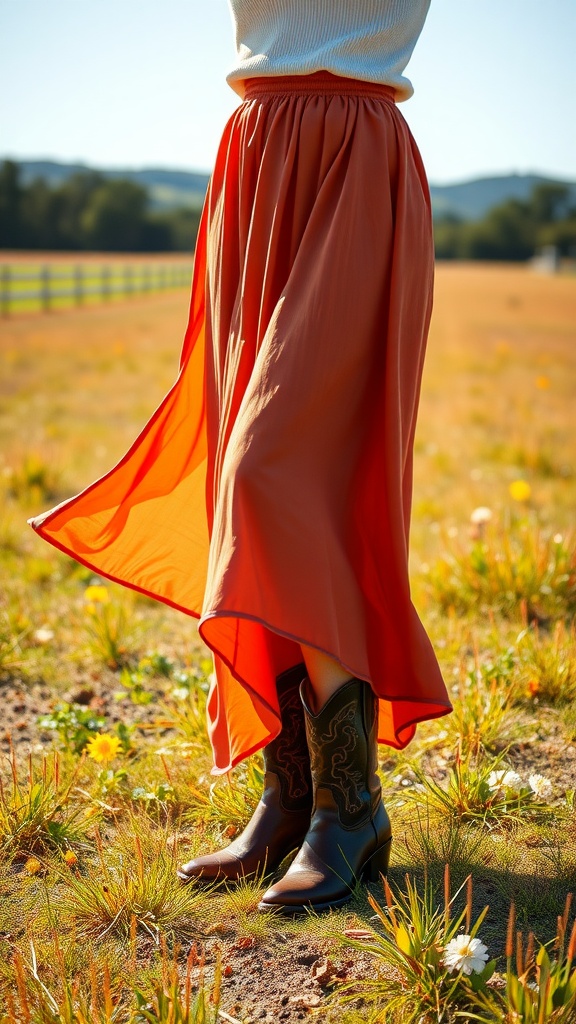 A person wearing a flowy orange maxi skirt paired with cowboy boots, standing in a sunny field with flowers.