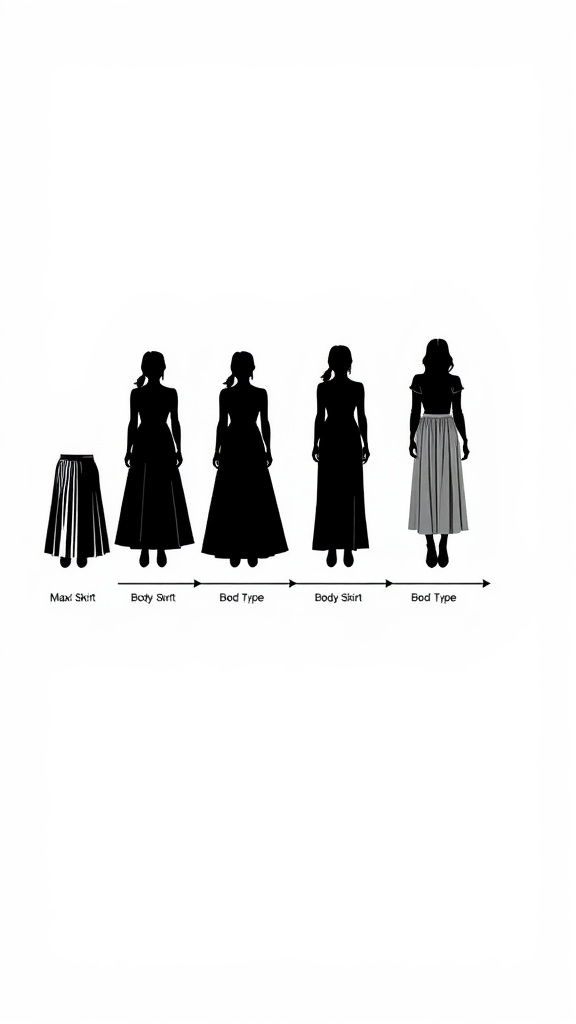 Silhouettes of women in various styles of maxi skirts, showing different body types.
