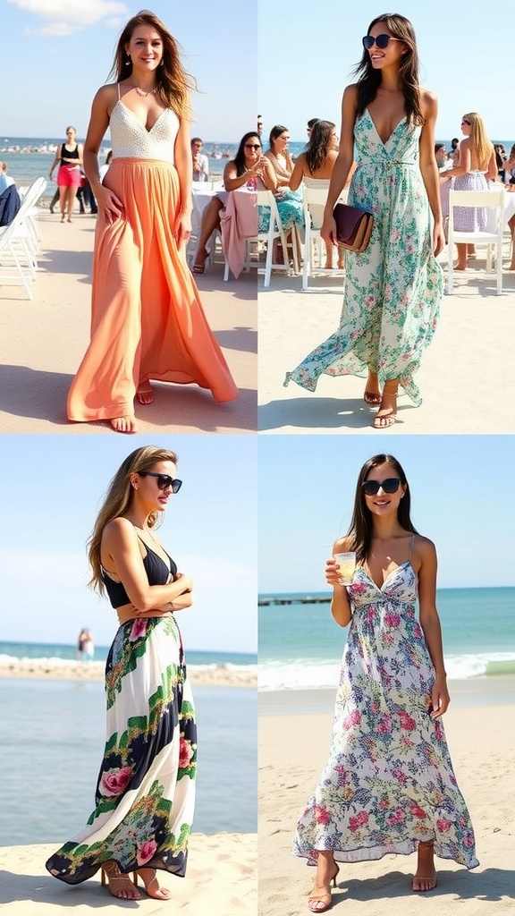A collage of women wearing different styles of maxi skirts at a beach setting.