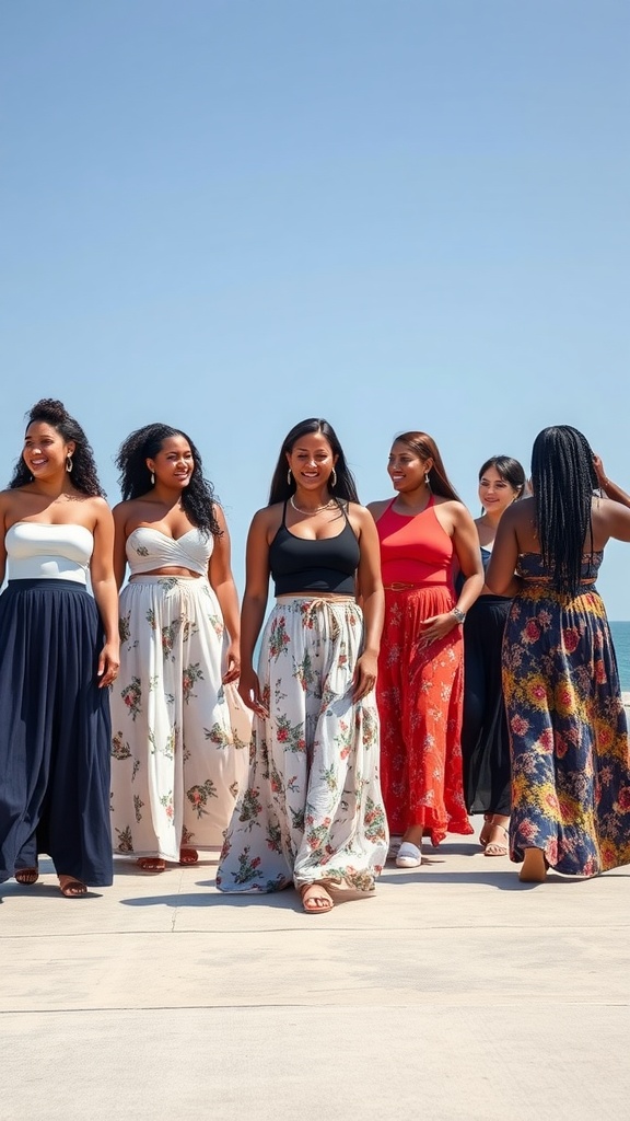 A diverse group of women wearing various styles of maxi skirts, showcasing different colors and patterns.