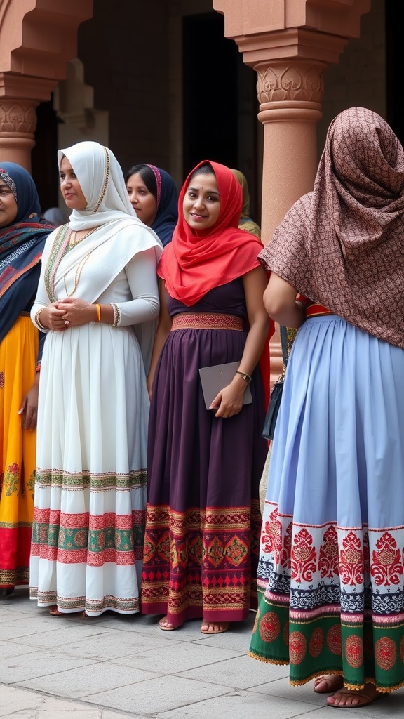 A group of women wearing colorful maxi skirts, showcasing cultural attire.