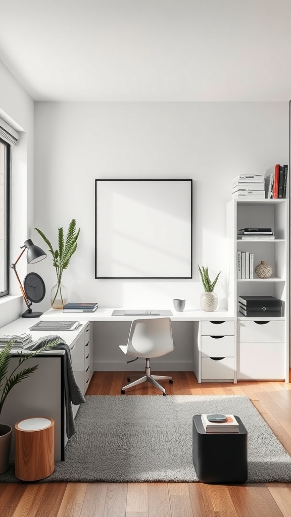 A modern minimalist home office featuring a white desk, chair, and natural elements.