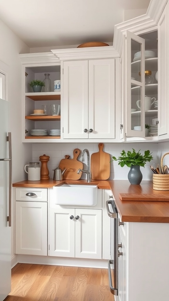 Cozy farmhouse kitchen with white cabinets, wooden countertop, and decorative items.
