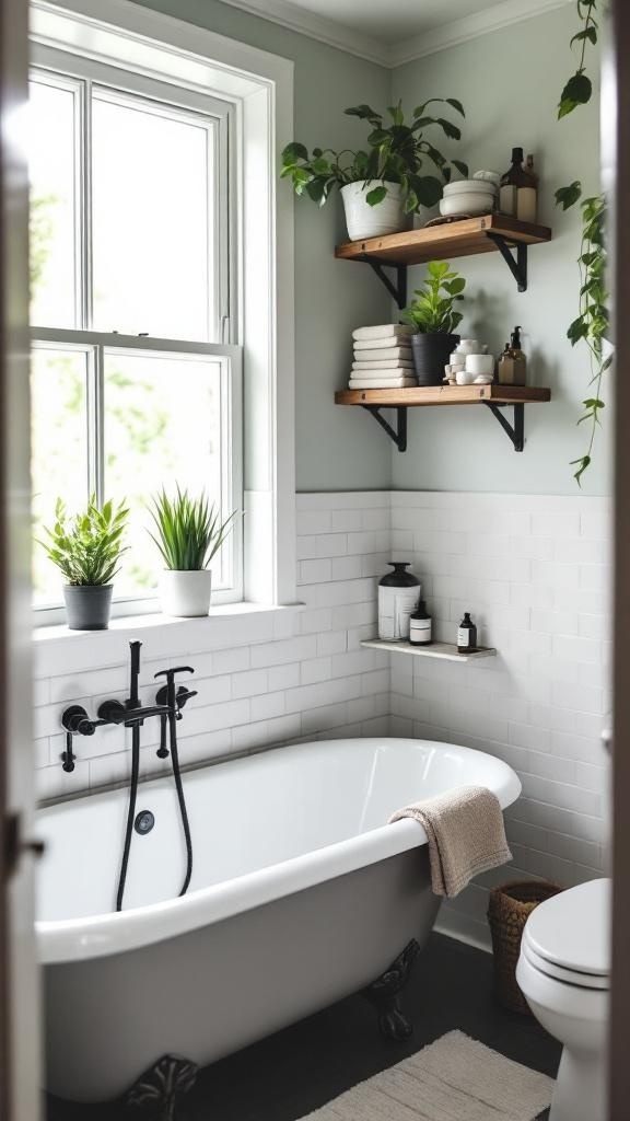 Cozy clawfoot tub bathroom with shelves and plants.