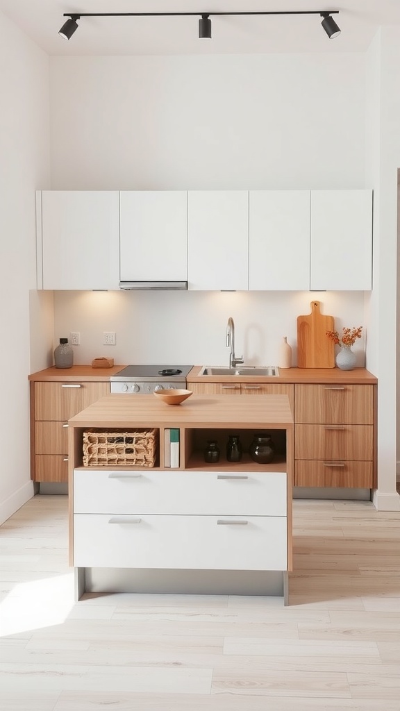 A modern kitchen featuring a wooden island with a built-in stove, white cabinetry, and ample natural light.
