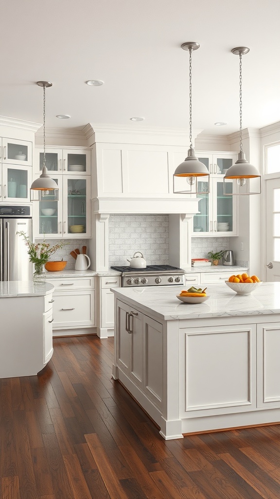 A spacious kitchen with a double island layout featuring white cabinetry and wooden flooring.