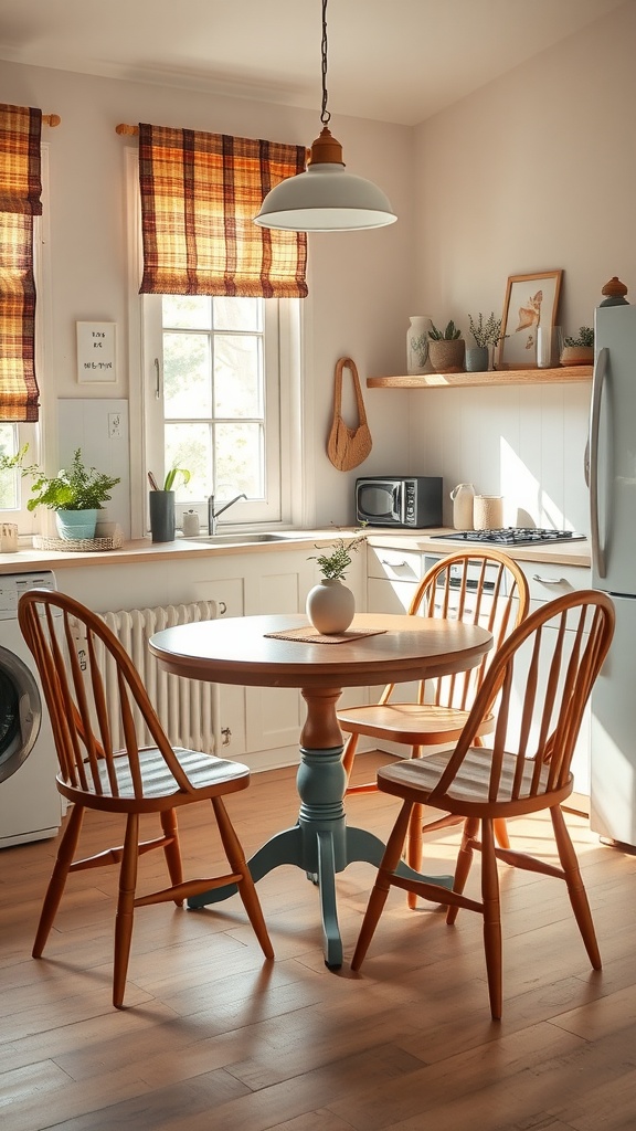 A small round kitchen table with two wooden chairs in a cozy kitchen