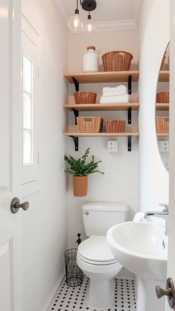 A small guest bathroom featuring open shelves with baskets, a potted plant, and stylish lighting.