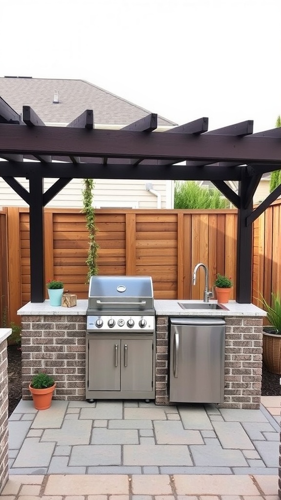 Compact outdoor kitchen with grill, sink, and refrigerator under a pergola.