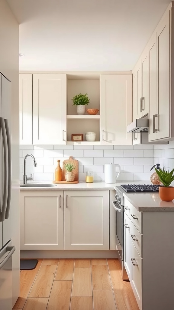 A bright kitchen featuring cream cabinets, natural wood flooring, and open shelving.