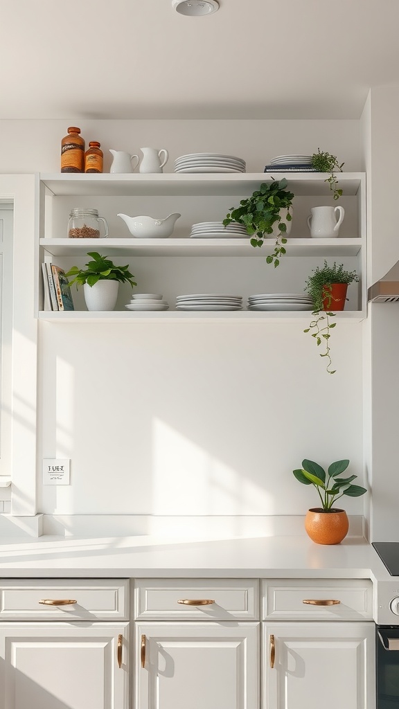 A white kitchen featuring open shelving with dishes, plants, and decorative items.