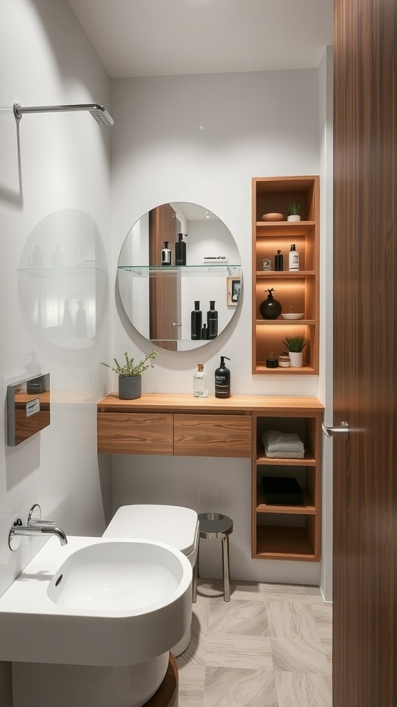 A modern small bathroom with wooden shelves, a round mirror, and a sleek vanity.