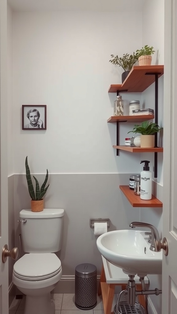 A small half bathroom featuring vertical wooden shelves above the toilet with plants and toiletries.