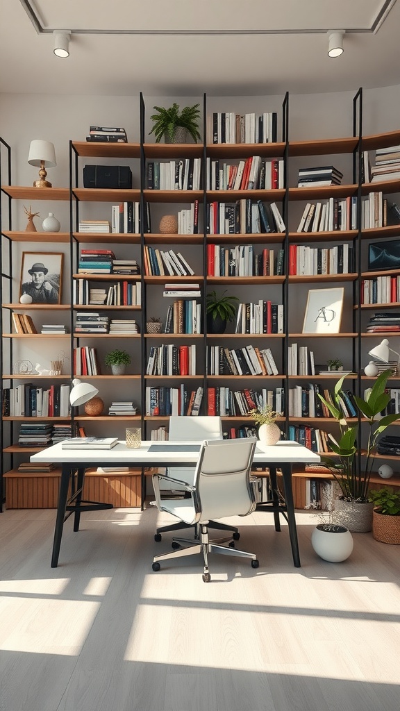 An organized office with a tall bookshelf filled with books and decorative items, featuring a desk and a chair.