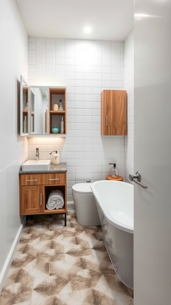 Small bathroom with modern fixtures, including a bathtub and storage cabinet.