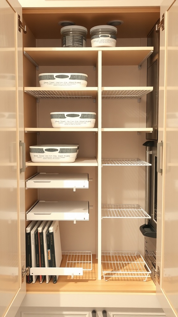 Organized kitchen cabinet with multiple shelves, clear storage containers, and cookbooks.