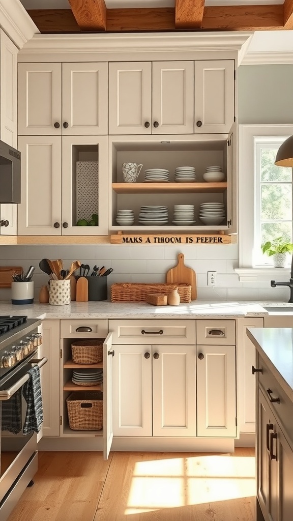 Farmhouse kitchen cabinets with smart storage solutions including open shelves and organized drawers.