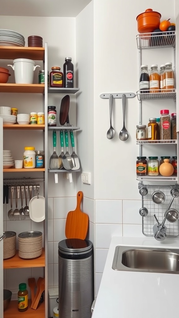 A small apartment kitchen featuring vertical storage solutions with shelves, a wall-mounted spice rack, and organized utensils.