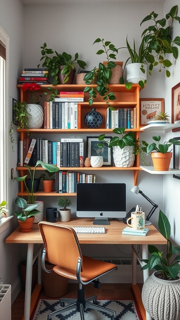 A small home office with a desk, computer, and shelves filled with books and plants
