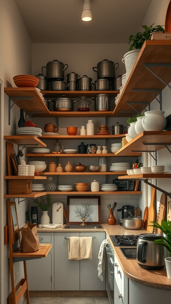 A small galley kitchen featuring open shelves with various pots, dishes, and decorative items, maximizing vertical space.