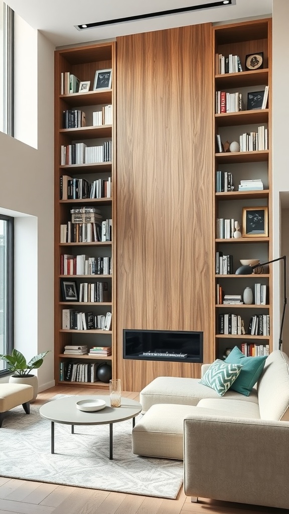 Living room featuring built-in shelves that maximize vertical space with books and decor