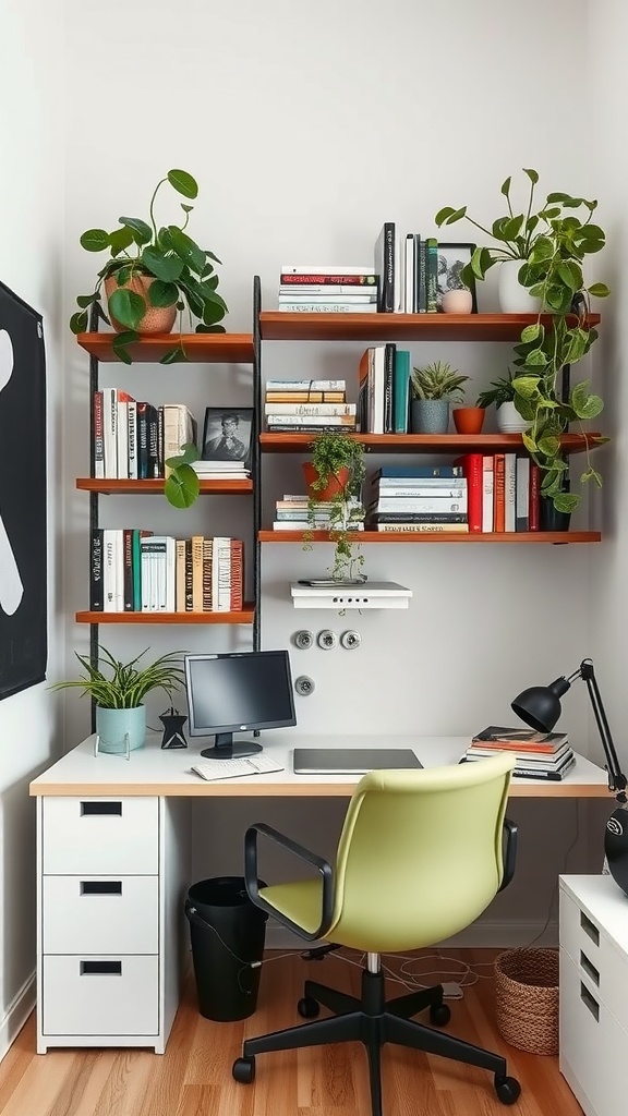 A small home office featuring vertical shelving with books and plants, complemented by a simple desk and computer.