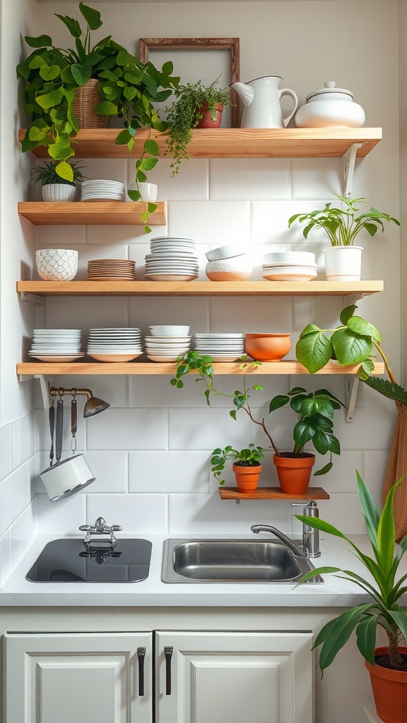 A small kitchen with open wooden shelving displaying plates and plants above a sink and stove.