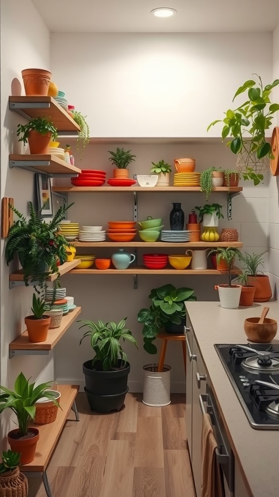 A small kitchen with colorful open shelving displaying dishes and plants