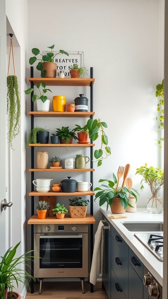 Tall shelving unit in a small kitchen filled with plants and kitchenware, maximizing vertical space.