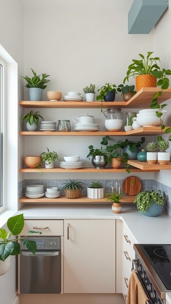 A small kitchen featuring wooden open shelves filled with plants and kitchenware.