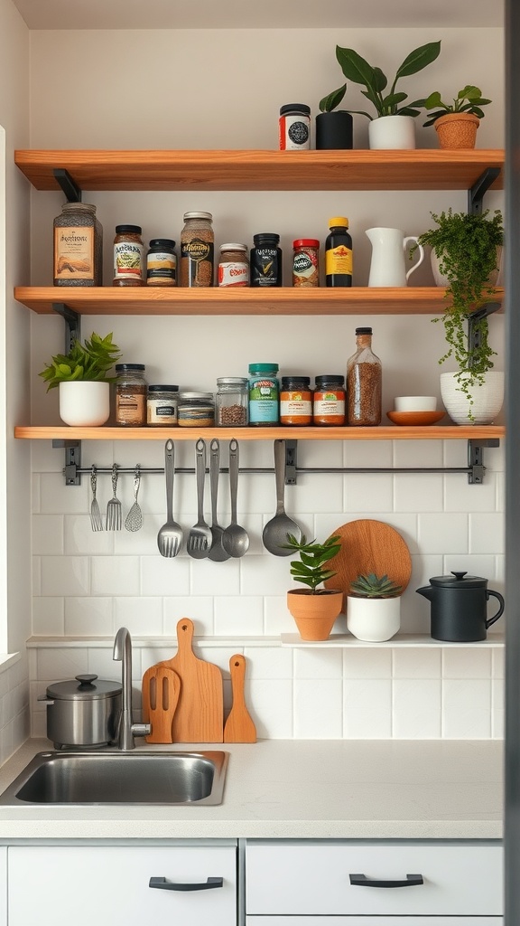 Open shelving in a small apartment kitchen, displaying spices, jars, utensils, and plants.
