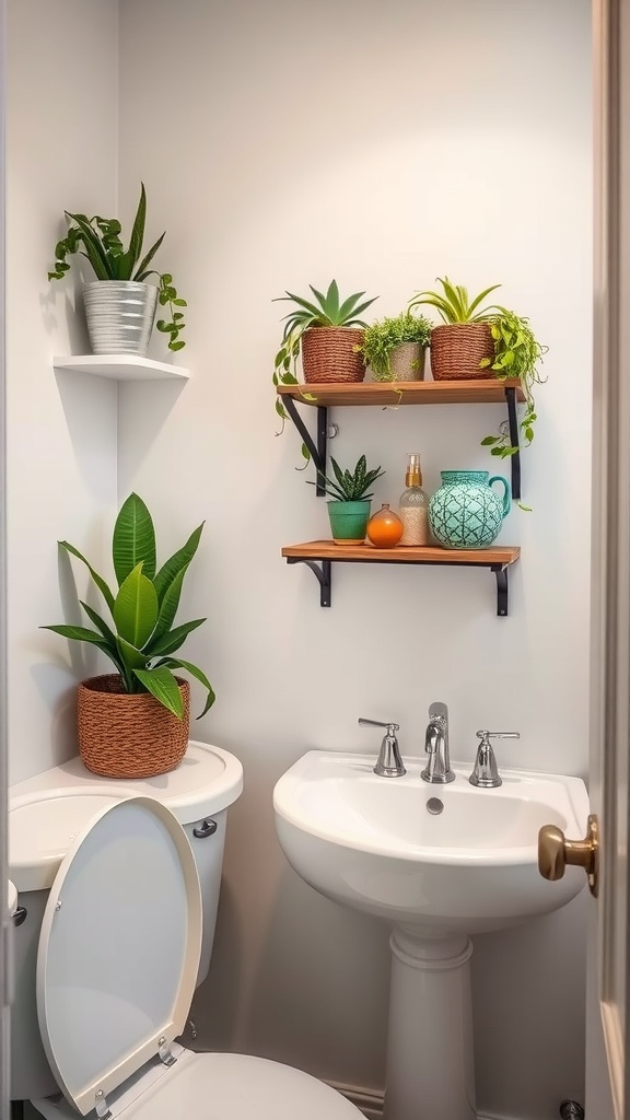 Small bathroom with wall-mounted shelves displaying plants and decorative items.