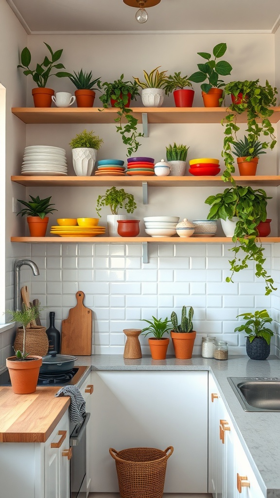 A small kitchen with open shelving displaying colorful plates, bowls, and potted plants.