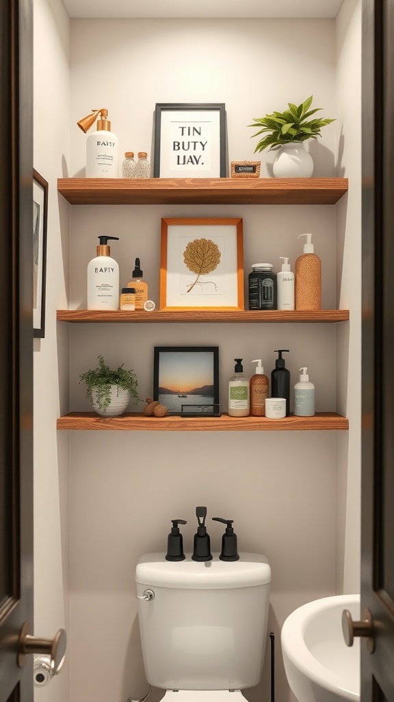 Small bathroom with wooden shelves holding toiletries and decorative items.