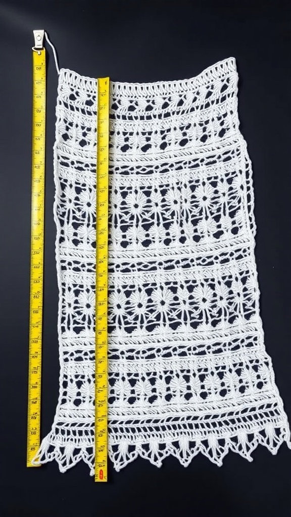 Crochet maxi skirt with measuring tape showing dimensions