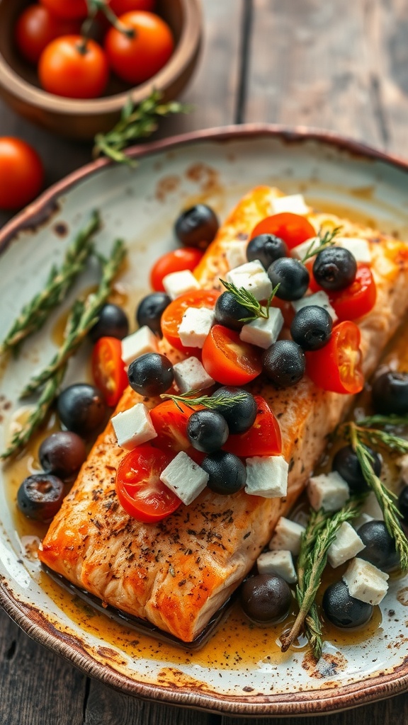 A delicious plate of Mediterranean baked salmon with cherry tomatoes, black olives, and feta cheese.