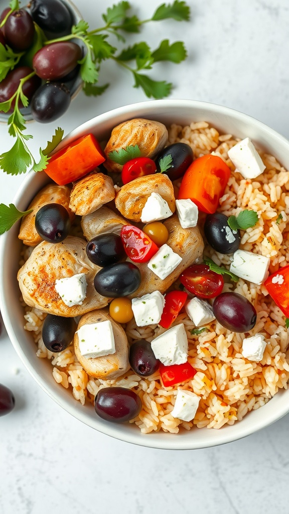 A Mediterranean chicken and rice bowl featuring grilled chicken, mixed vegetables, olives, and feta cheese.