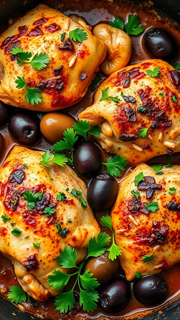 A dish of Mediterranean chicken thighs garnished with olives and herbs.