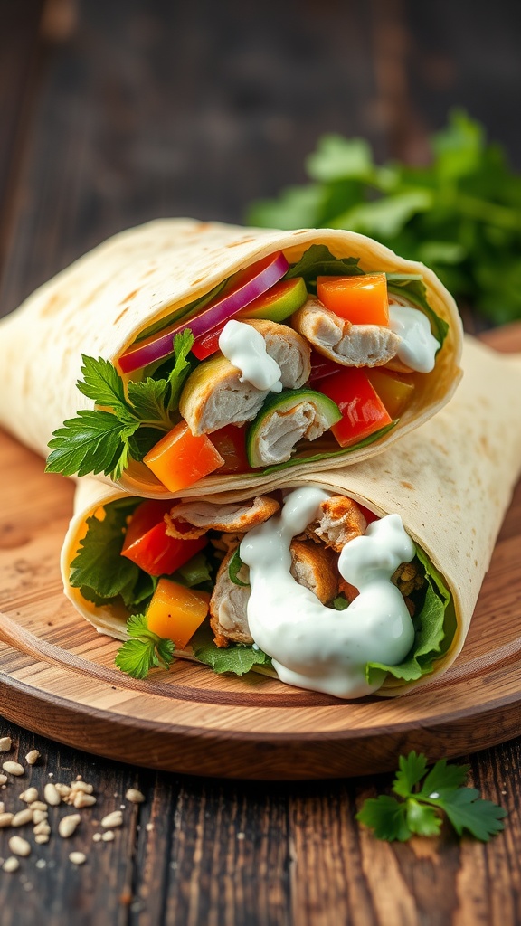 Mediterranean Chicken Wrap with Tzatziki on a wooden board