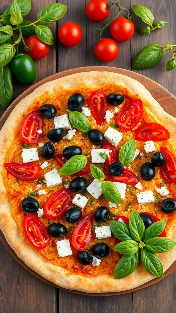 Mediterranean pizza topped with feta, olives, and fresh tomatoes on a wooden board.