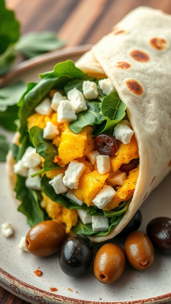 Mediterranean Feta and Spinach Wrap filled with eggs, spinach, and feta cheese.