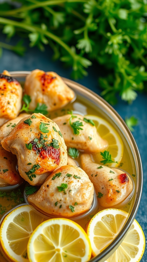 A bowl of chicken kabobs marinated in herbs and lemon, served with lemon slices.