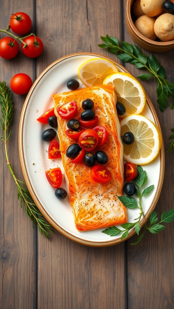 A plate of Mediterranean Lemon Salmon topped with tomatoes and olives, garnished with lemon slices.