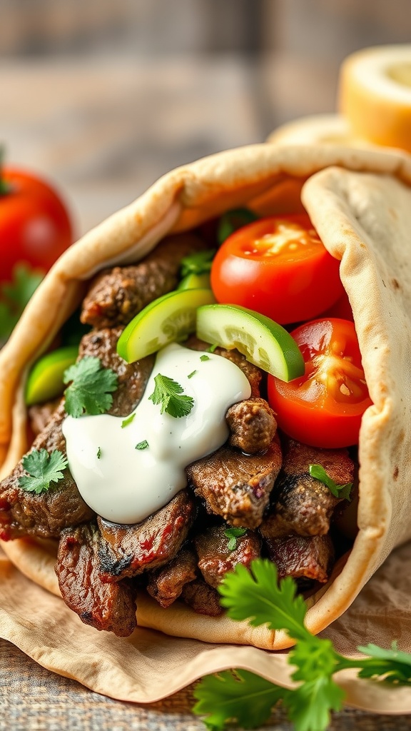 A delicious Mediterranean steak pita sandwich filled with steak, fresh vegetables, and sauce.