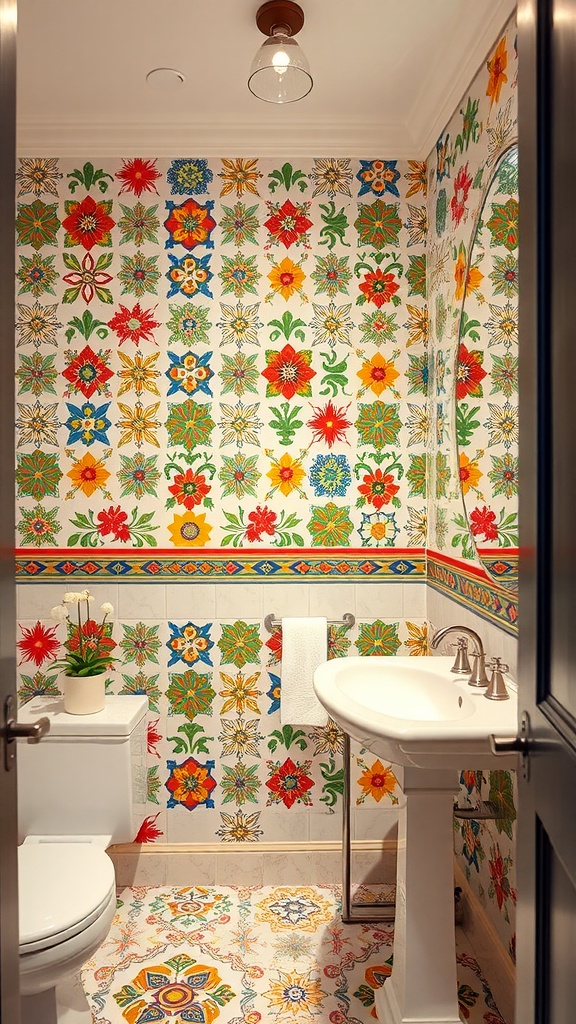 A guest bathroom with vibrant Mediterranean tile wallpaper featuring floral and geometric patterns.