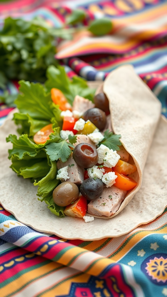 A Mediterranean tuna wrap filled with fresh vegetables and olives on a colorful tablecloth.