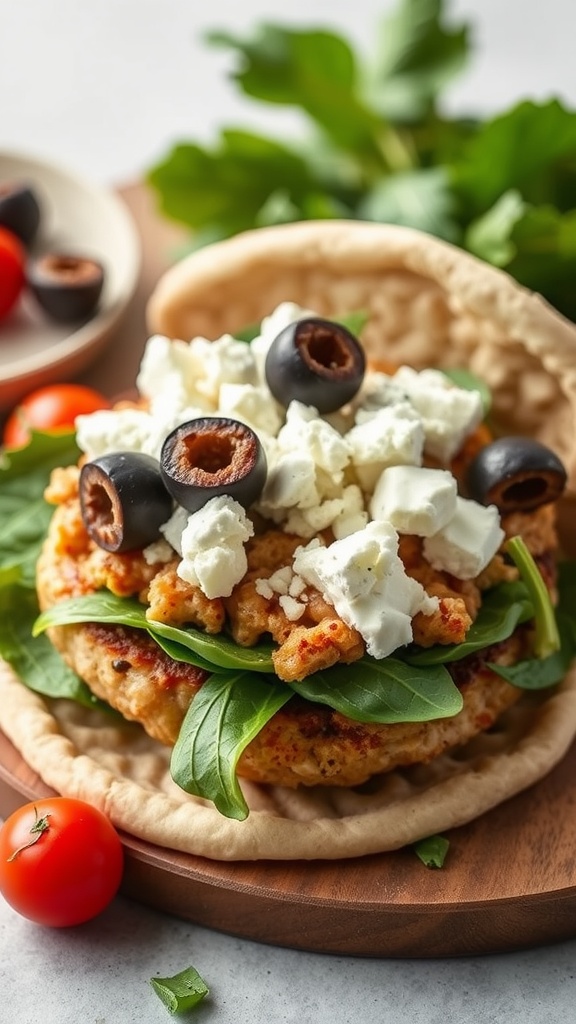 A Mediterranean turkey burger served in pita with feta cheese and olives.